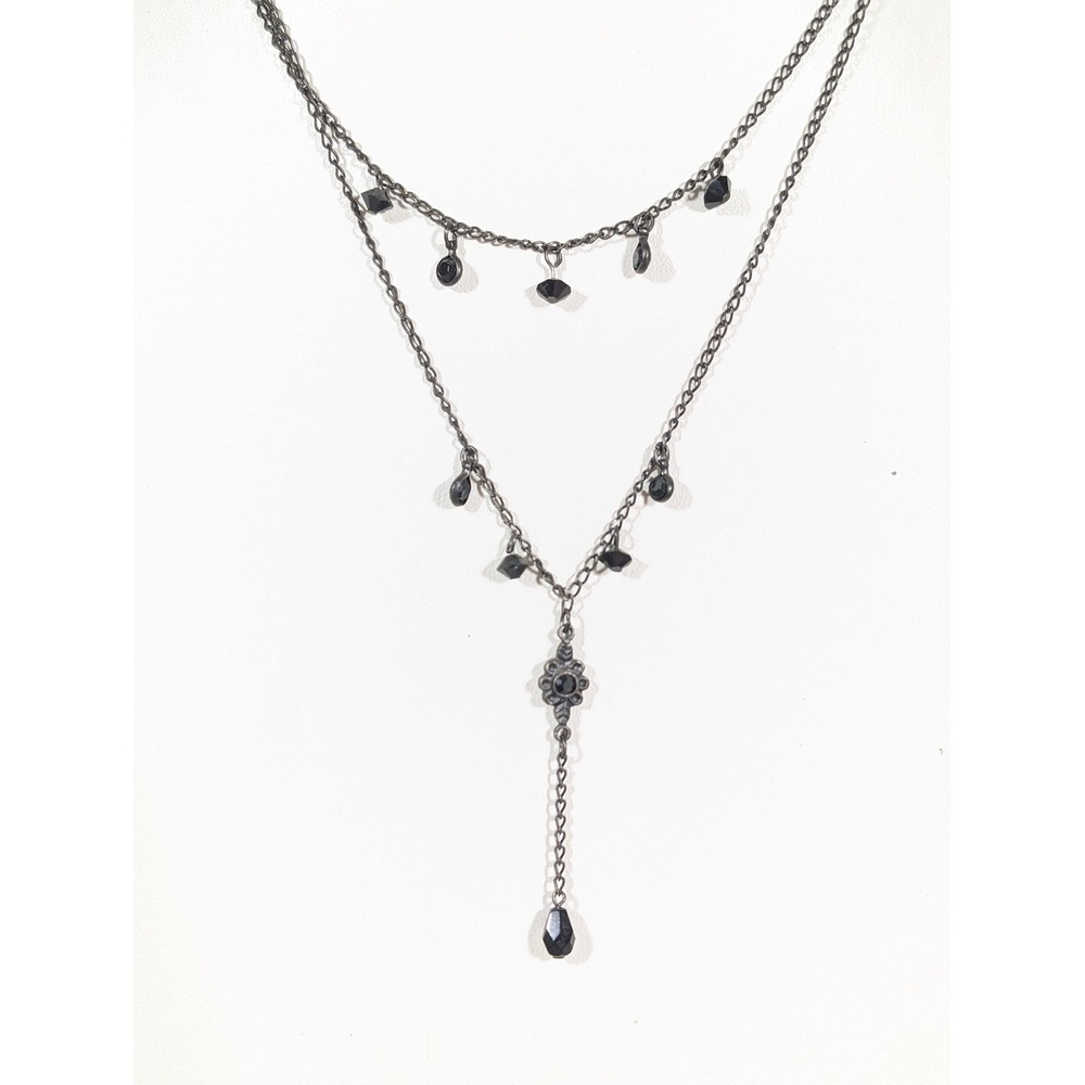 Robert Rose Black Gray Crystal Layered Necklace Gothic Y‎ Drop Charm 17in